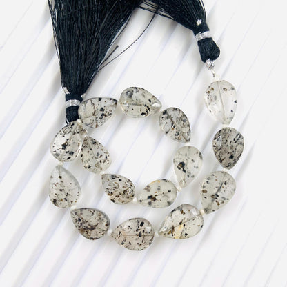 15 Pieces Natural Black Dot Quartz faceted Pear Drop Center Drill Briolette Gemstone, Pear Drop beads for Jewelry, 8 Inch Strand Size 9x12mm