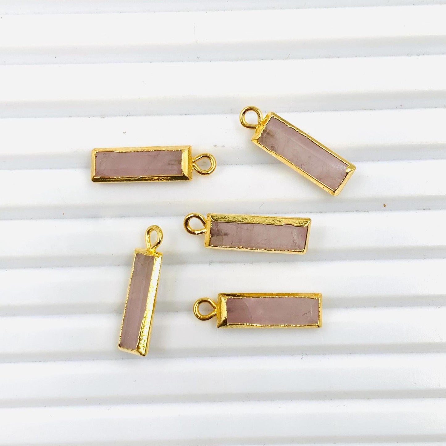 5 Pcs Natural Rose Quartz Faceted Baguette Shape Gemstone Gold Bezel Connector Jewelry Making Size 5x15mm Charm Connector for pendent