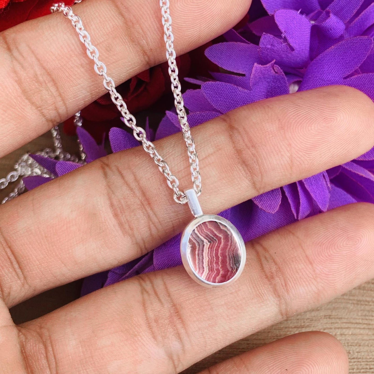 Pink Rhodochrosite Necklace – Dainty Silver Birthstone Pendant, Gift for Her