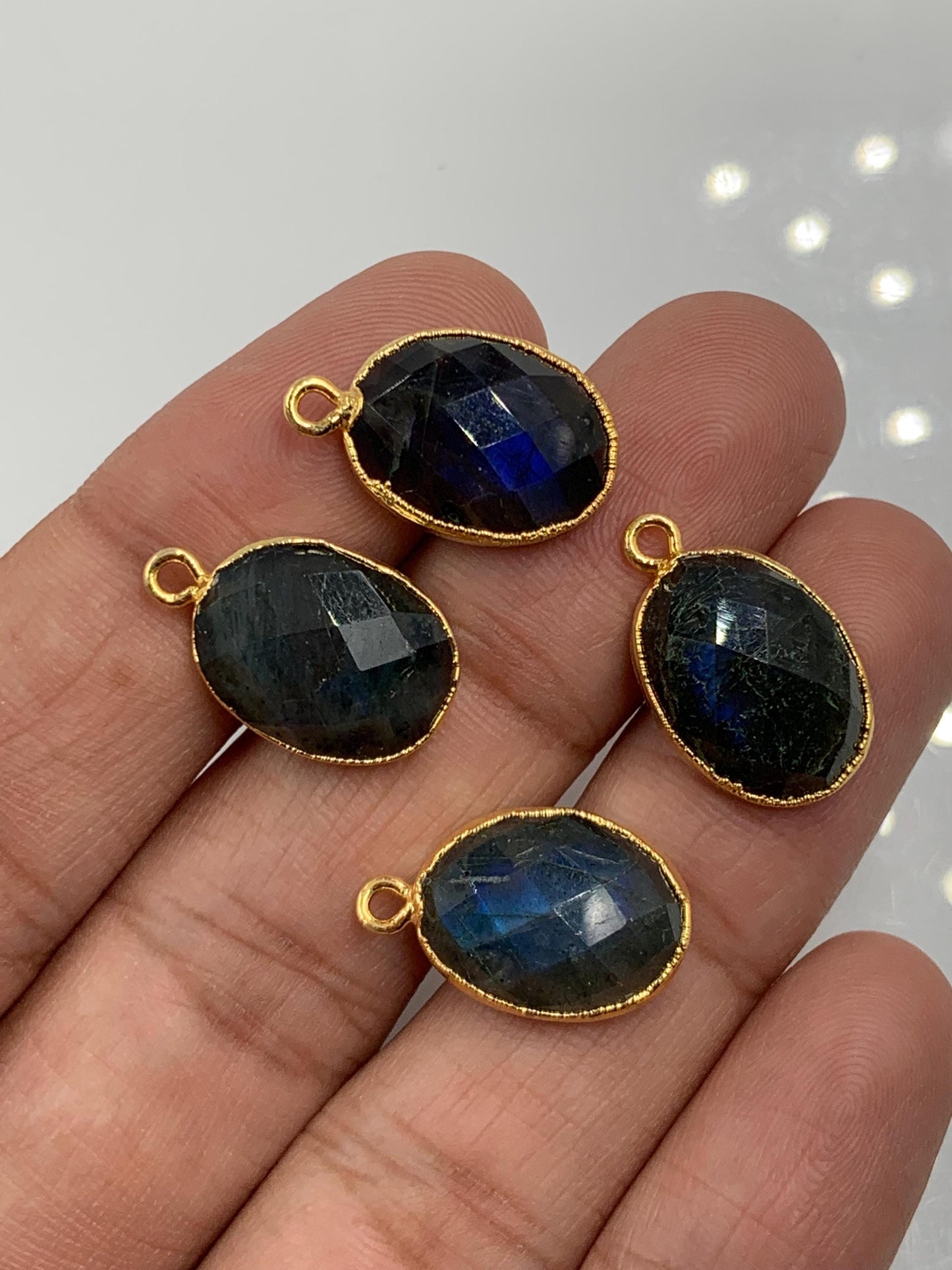 4 Pieces Natural Blue flashy Labradorite Faceted Oval Shape Gemstone Gold Bezel Connector Jewelry Making Size 12x16mm Connectors for pendent