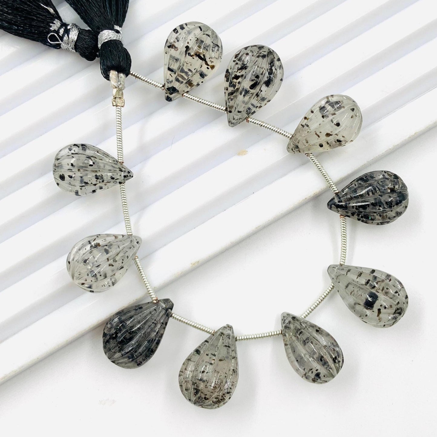 10 Pieces Natural Black Dot Quartz Carved Drops Briolette Beads Size 16x10mm black Dot Quartz Faceted Gemstone Tear drops for Jewelry making