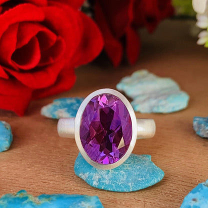 Faceted Oval Purple Amethyst Statement Ring in 925 Silver