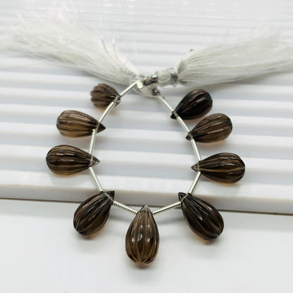 10 Pieces Natural Smoky Quartz Carved Drops Briolette Beads Size 14x8mm Natural Smoky Quartz Faceted Gemstone Tear drops for Jewelry making