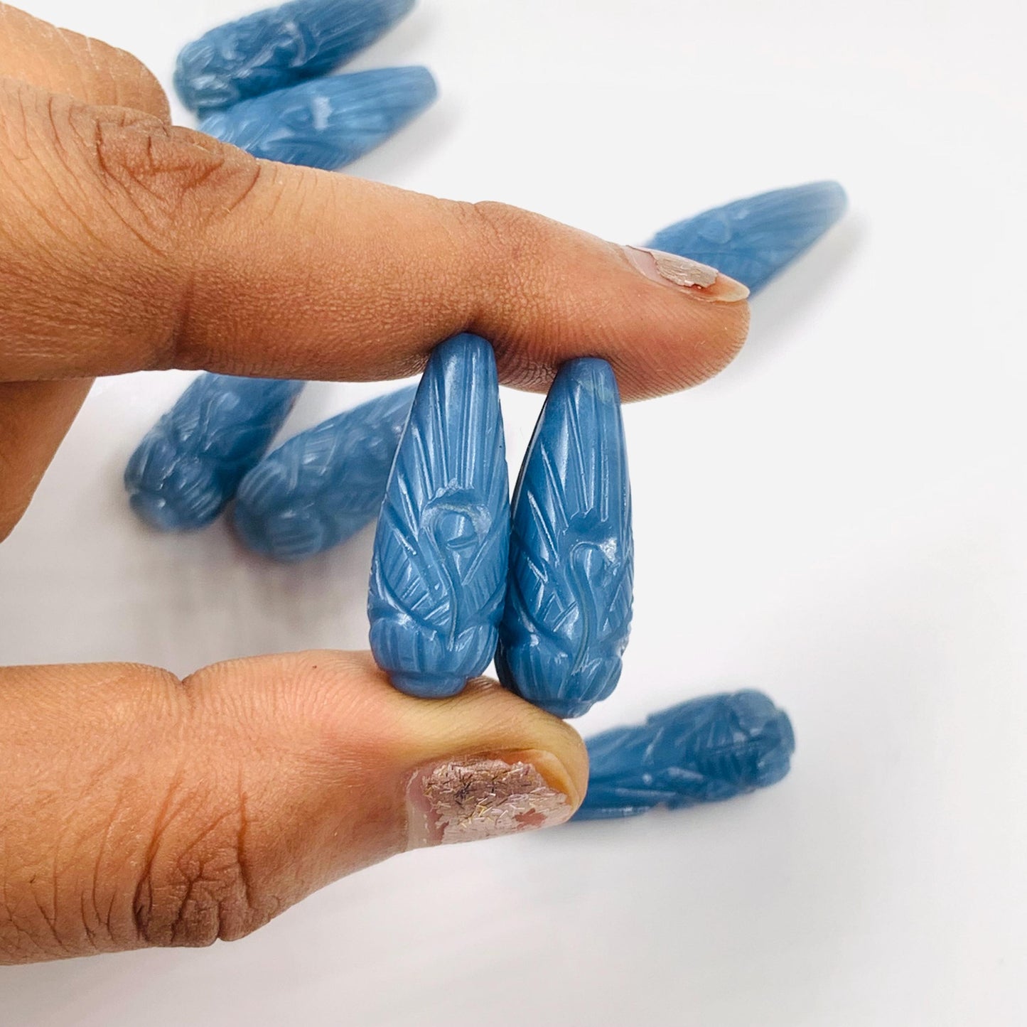 Hand Carved Blue Opal Briolette Beads: Drop Shape Pair, 9x26mm