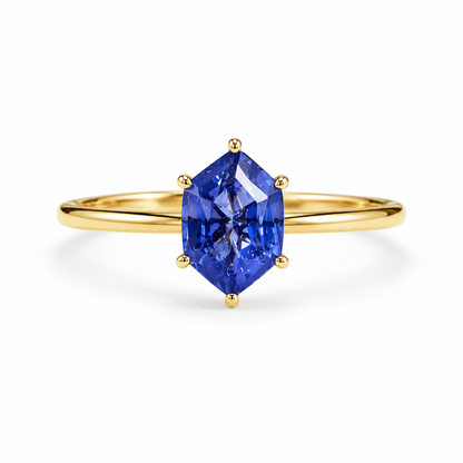 Lab Grown Tanzanite Engagement Ring in 14K Gold, Elongated Hexagon Solitaire