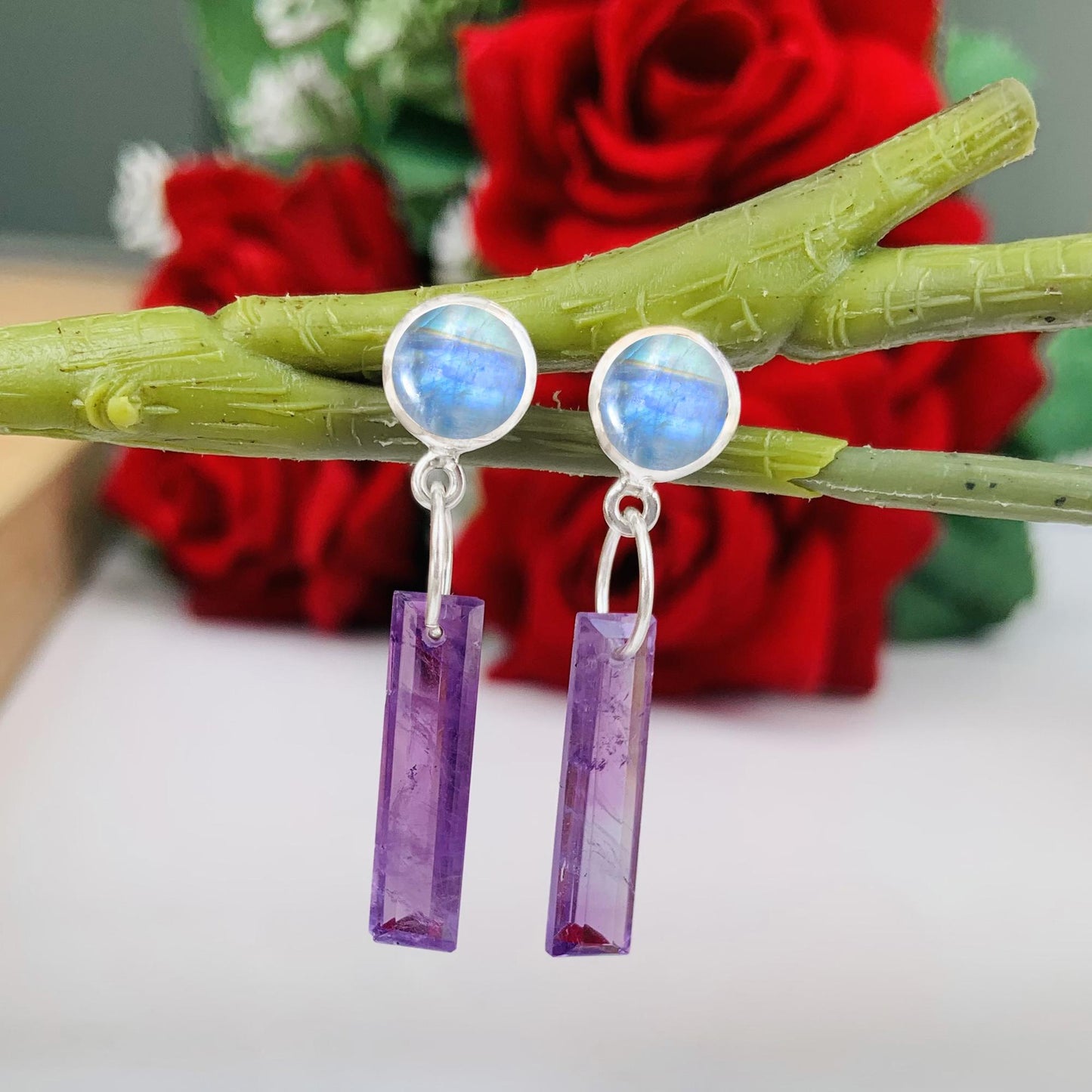 Handcrafted Moonstone Studs with Dangling Amethyst Crystal Pillars ~ Long Earrings ~ Silver and Vermeil gold ~ Gift For Her Bridesmaid Gift