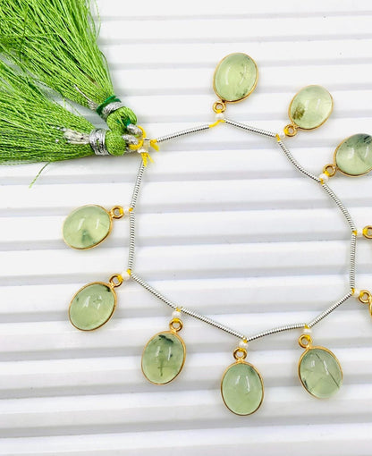 Natural Prehnite Smooth Oval Gemstone Gold Bezel Connector 8x10mm