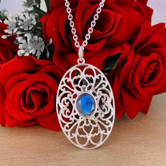Ornate Silver Pendant ~ Natural Labradorite Necklace ~ Filigree Silver Jewelry ~ Birthday Gift For Mom ~ Promise Necklaces ~ P-0018