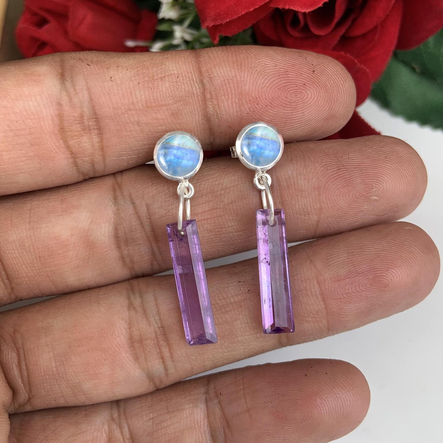 Handcrafted Moonstone Studs with Dangling Amethyst Crystal Pillars ~ Long Earrings ~ Silver and Vermeil gold ~ Gift For Her Bridesmaid Gift