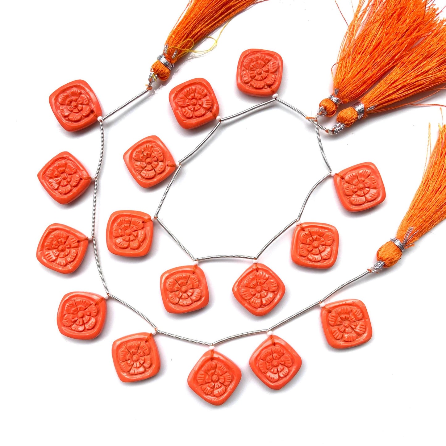 Red Coral Carved Cushion Flower Briolette Beads – 8pcs 17x17x5mm