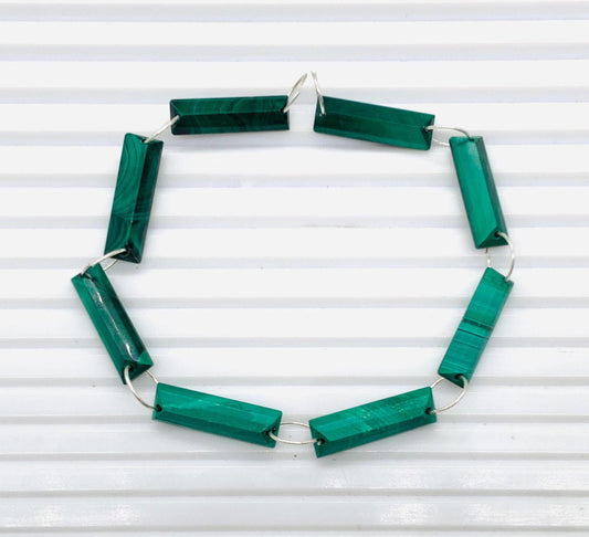 Natural Malachite Baguette Beads – Step Cut Faceted Gemstones 20x6x4mm Both Side Face Drill