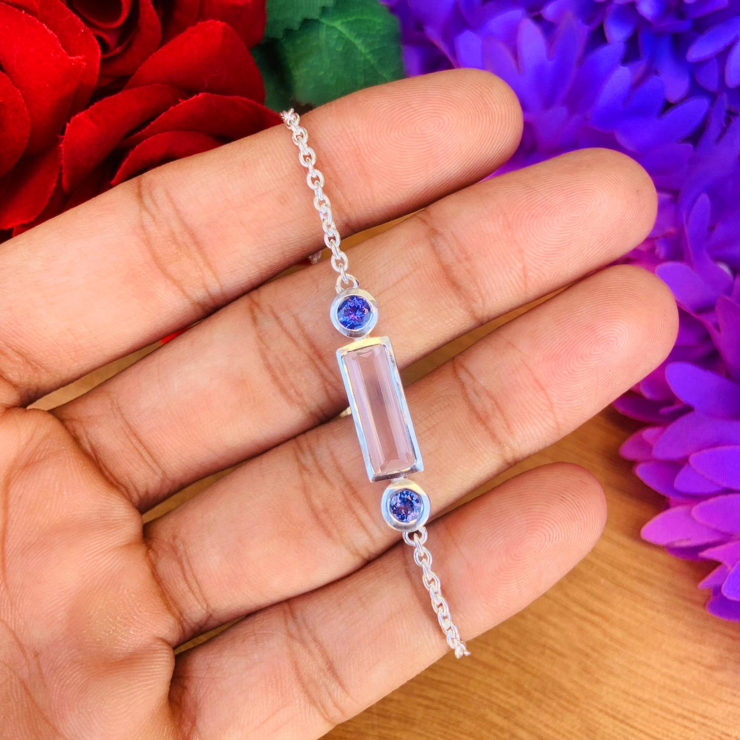 925 Sterling Silver Rose Quartz & Tanzanite Chain Bracelet - Gift for Her