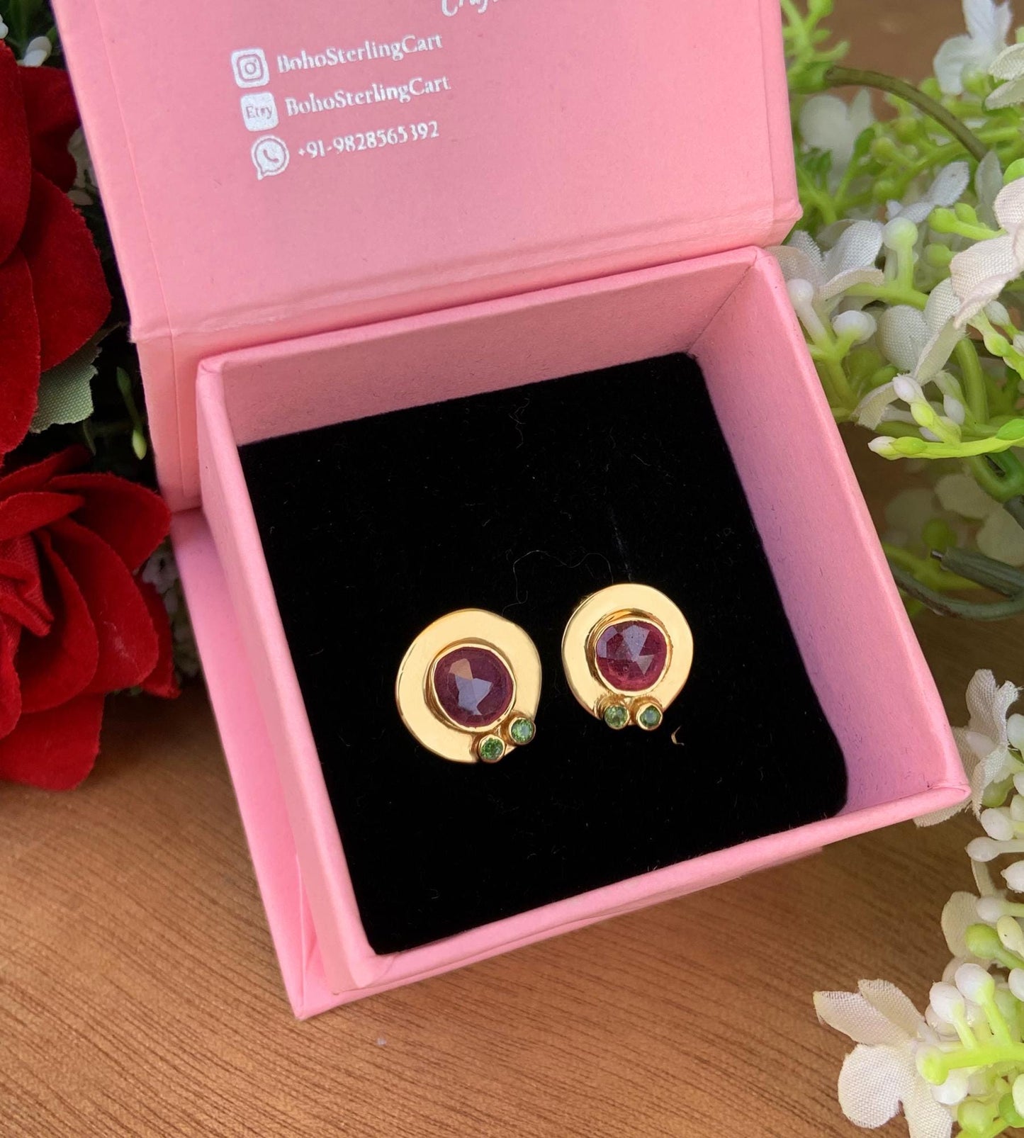 Rosecut Ruby Stud Earrings ~ Vermeil Gold and Silver Earrings ~ Ruby and Green Tourmaline ~ Dainty Stud Earrings ~ Handmade Jewelry ~ E-0048