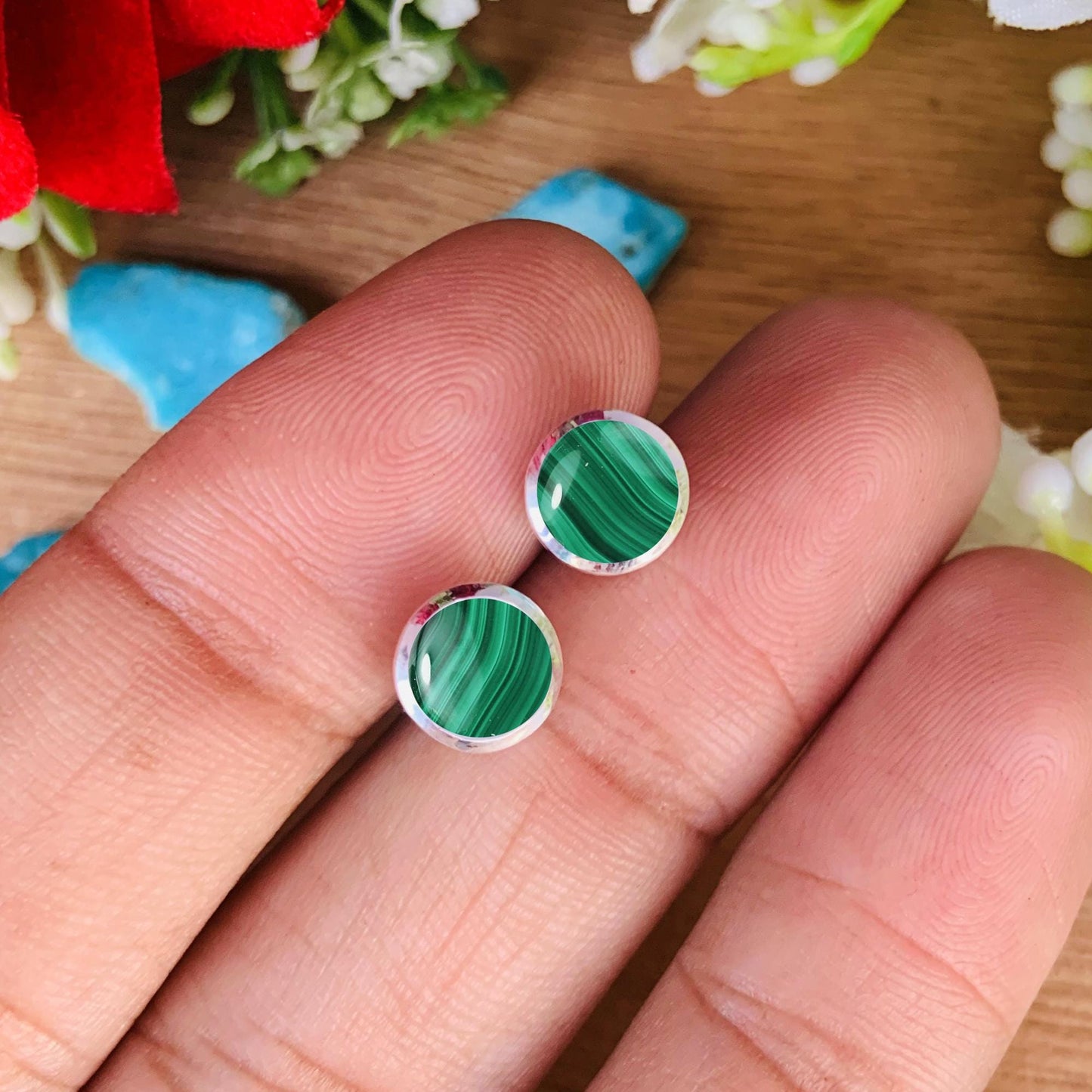 Natural Malachite Dainty Studs Earring ~ Silver & Gold Silver Studs ~ Simple small studs ~ Round Shape Green Stone ~ Gift For Her ~ E-0032