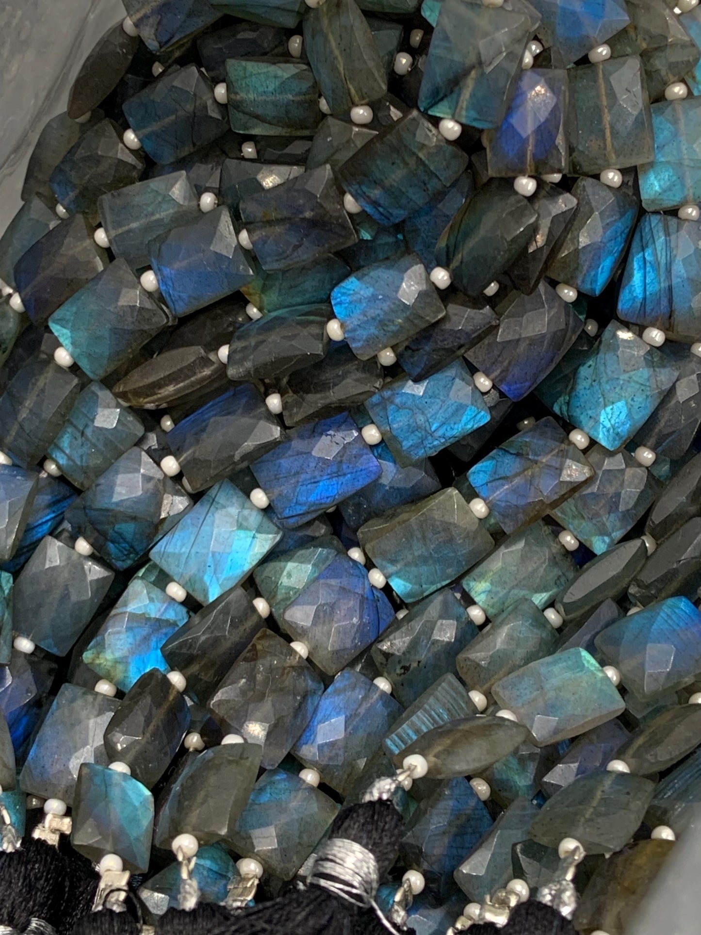 Natural Labradorite Rectangle Beads - Faceted Center Drill Gemstone Strand 8"