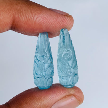 1 Pair Natural Aquamarine Hand Carved Drop Shape Briolette Beads, Handmade Matching Pair beads, Earring Making Gemstone Size - 9x26mm