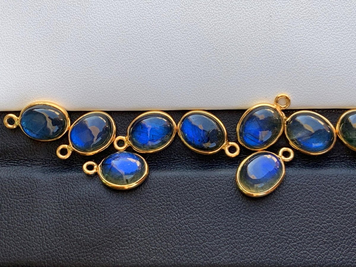 7x9 mm Labradorite Connectors ~ Oval Bezel Link ~ Silver & Gold Charm for Earrings, Bracelets, and Birthstone Jewelry Supplies - BeadsBoatInc
