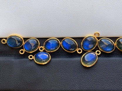 7x9 mm Labradorite Connectors ~ Oval Bezel Link ~ Silver & Gold Charm for Earrings, Bracelets, and Birthstone Jewelry Supplies - BeadsBoatInc