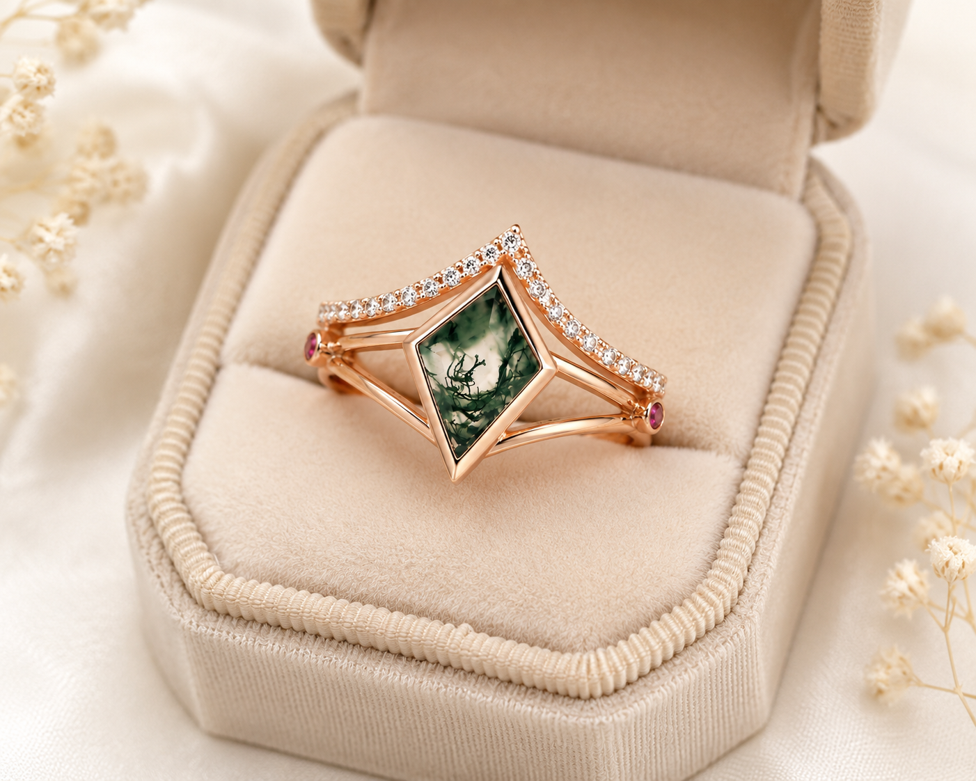 Lab Grown Moss Agate Ring with CZ Accents, Kite Shape Engagement Ring Set in 14K Gold