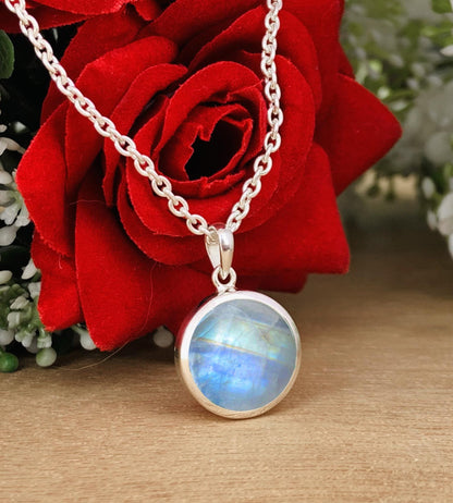 Rainbow Moonstone Full Moon Necklace – Dainty Solitaire Pendant in Silver or 18K Gold