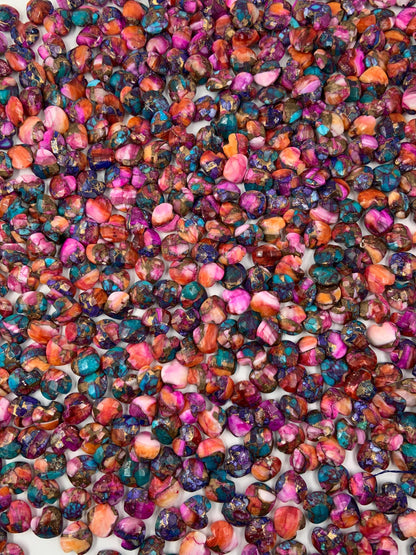 Natural Pink Spiny Oyster Copper Turquoise Hand Carved Heart Shape Loose Gemstone Beads , Carved Heart Shape Gemstone Briolette Size 10mm