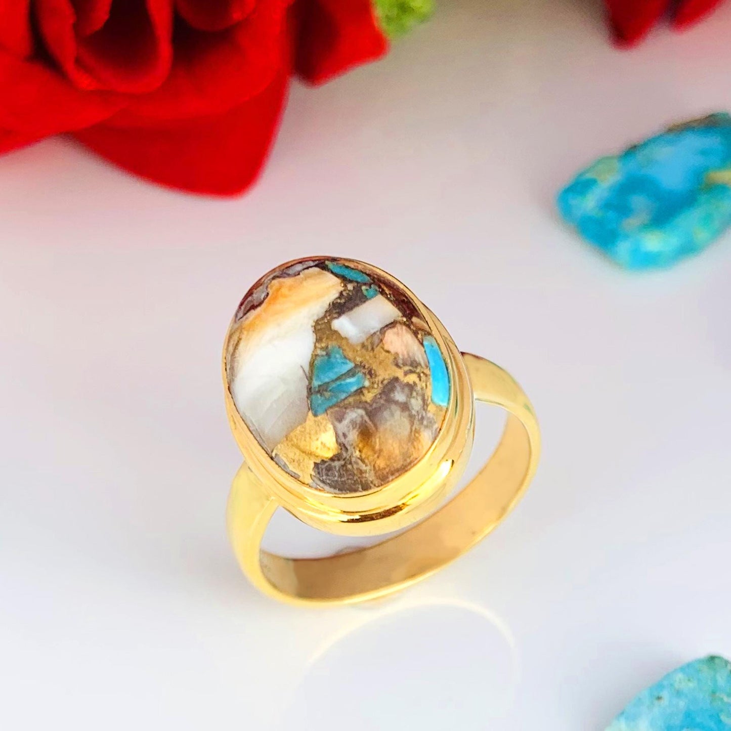 Oyster Turquoise Ring ~ 18k Gold Statement Ring ~ Oval Shape Stone ~ vermeil Gold Ring ~ Ring For Her ~ Chunky Ring ~ R-0084