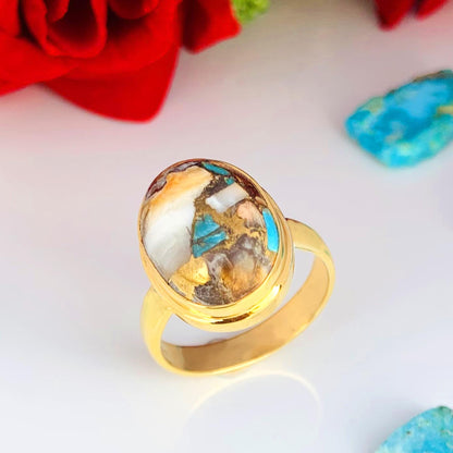 Oyster Turquoise Ring ~ 18k Gold Statement Ring ~ Oval Shape Stone ~ vermeil Gold Ring ~ Ring For Her ~ Chunky Ring ~ R-0084