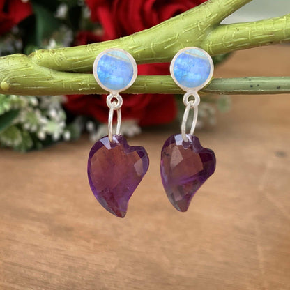 Elegant Amethyst Heart and Moonstone Dangle Earrings – Sterling Silver Handmade Jewelry for a Romantic & Timeless Look