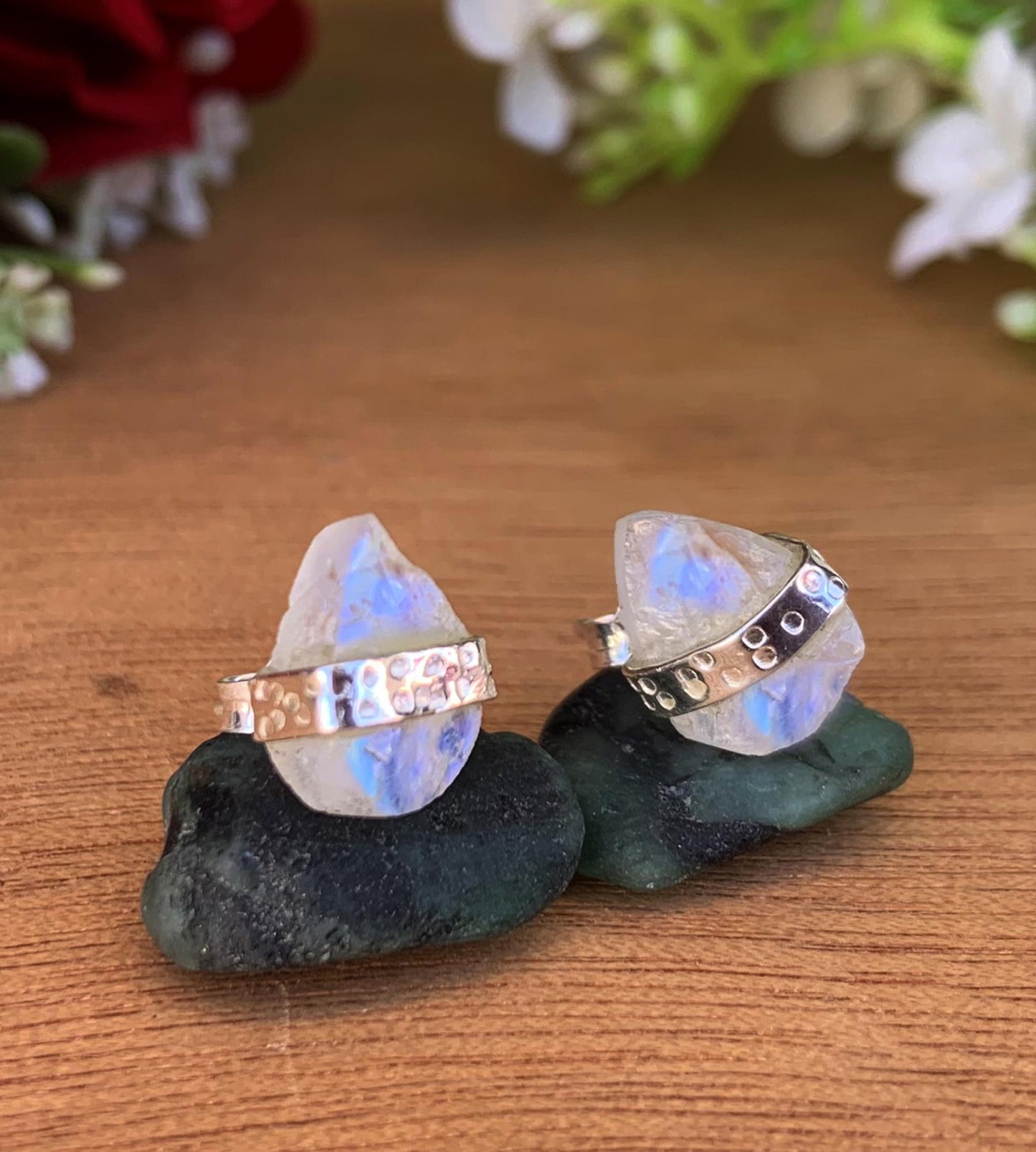 Raw Moonstone Silver Stud Earrings | Minimal Pear Shape Stone | Gift for Her