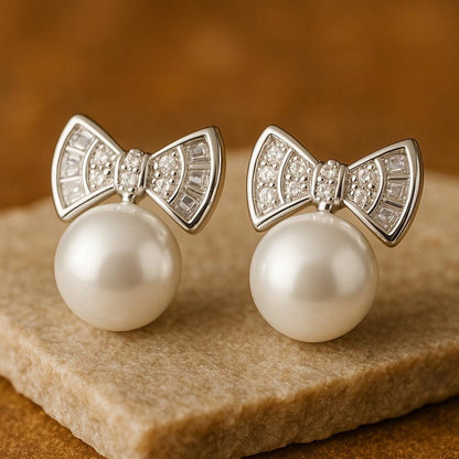 Pearl Bow Stud Earrings | Cubic Zirconia Bow Pearl Earrings | Sparkling CZ Ribbon & Round Pearl Earrings  | Soft and everyday pearl jewelry.