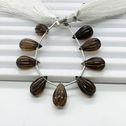 10 Pieces Natural Smoky Quartz Carved Drops Briolette Beads Size 14x8mm Natural Smoky Quartz Faceted Gemstone Tear drops for Jewelry making