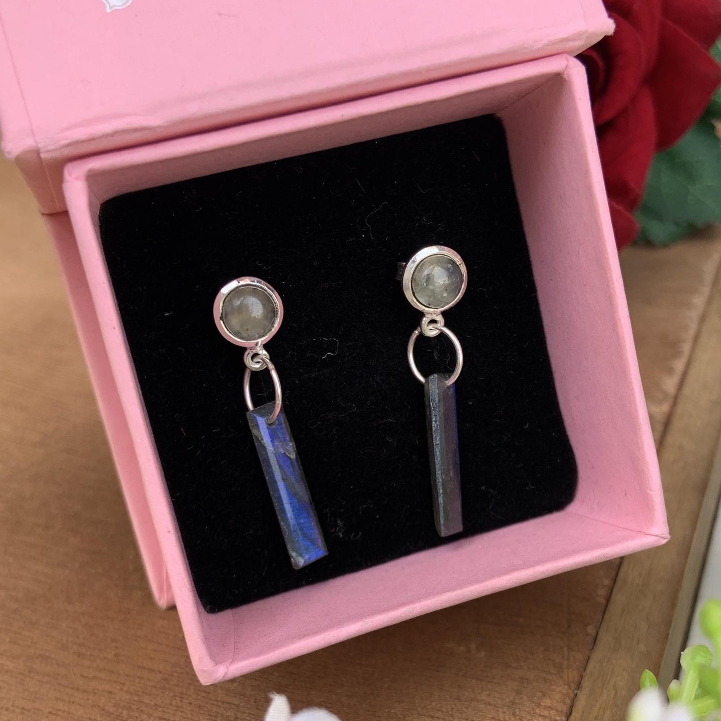 Sterling Silver Prehnite Studs with Blue Flash Labradorite Dangles, Unique Geometric Drop Earrings, Silver and Gold Plated Earrings For Gift