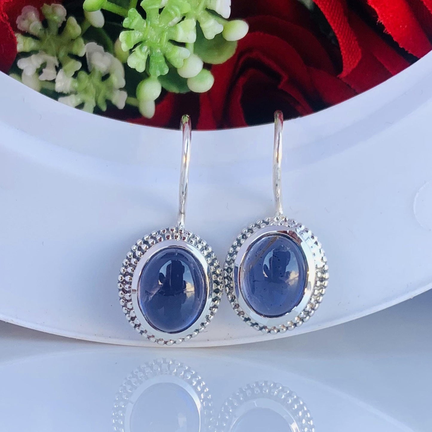Natural Iolite Earrings ~ Boho Silver Earrings ~ Oval Shape Blue Stone ~ Cold Tone Earrings ~ Available in 18k Gold Finish ~ E-0024