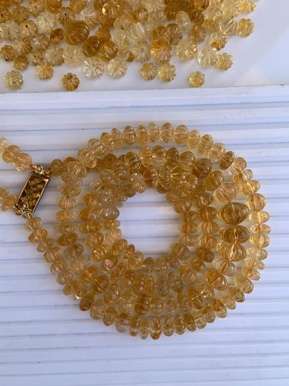 Natural Citrine Carved Melon Rondelle Beads 8 Inch Strand | Center Drill Fancy Briolette Gemstone