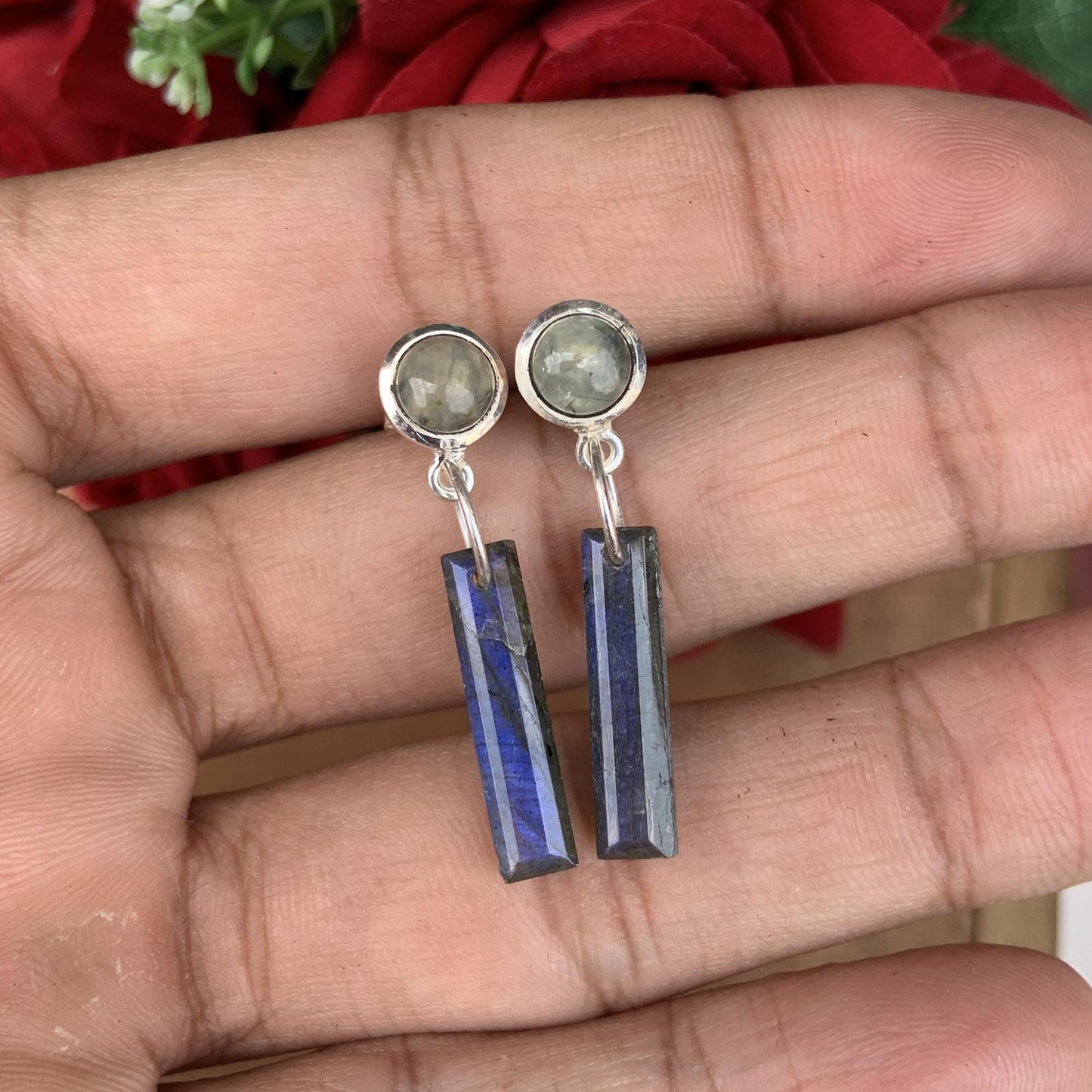 Sterling Silver Prehnite Studs with Blue Flash Labradorite Dangles, Unique Geometric Drop Earrings, Silver and Gold Plated Earrings For Gift