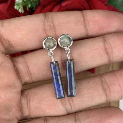 Sterling Silver Prehnite Studs with Blue Flash Labradorite Dangles, Unique Geometric Drop Earrings, Silver and Gold Plated Earrings For Gift