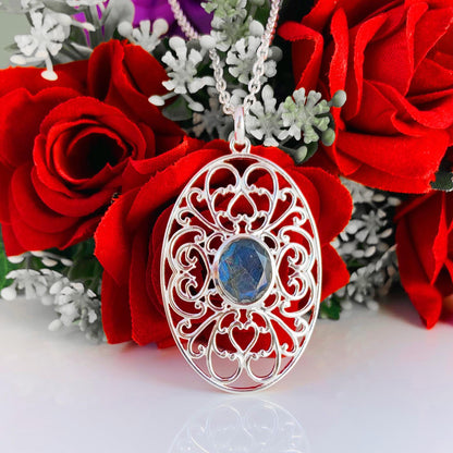 Ornate Silver Pendant ~ Natural Labradorite Necklace ~ Filigree Silver Jewelry ~ Birthday Gift For Mom ~ Promise Necklaces ~ P-0018