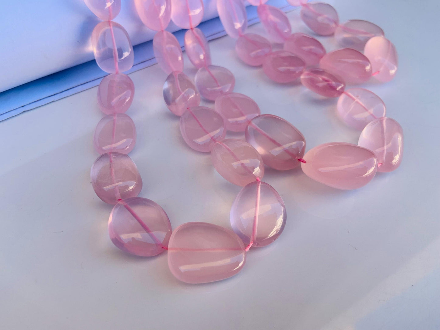 Natural Rose Quartz Smooth Tumble Oval Shape Gemstone Necklace Beads Rose Quartz Center Drill  Smooth Uneven Shape Nugget beads Briolette