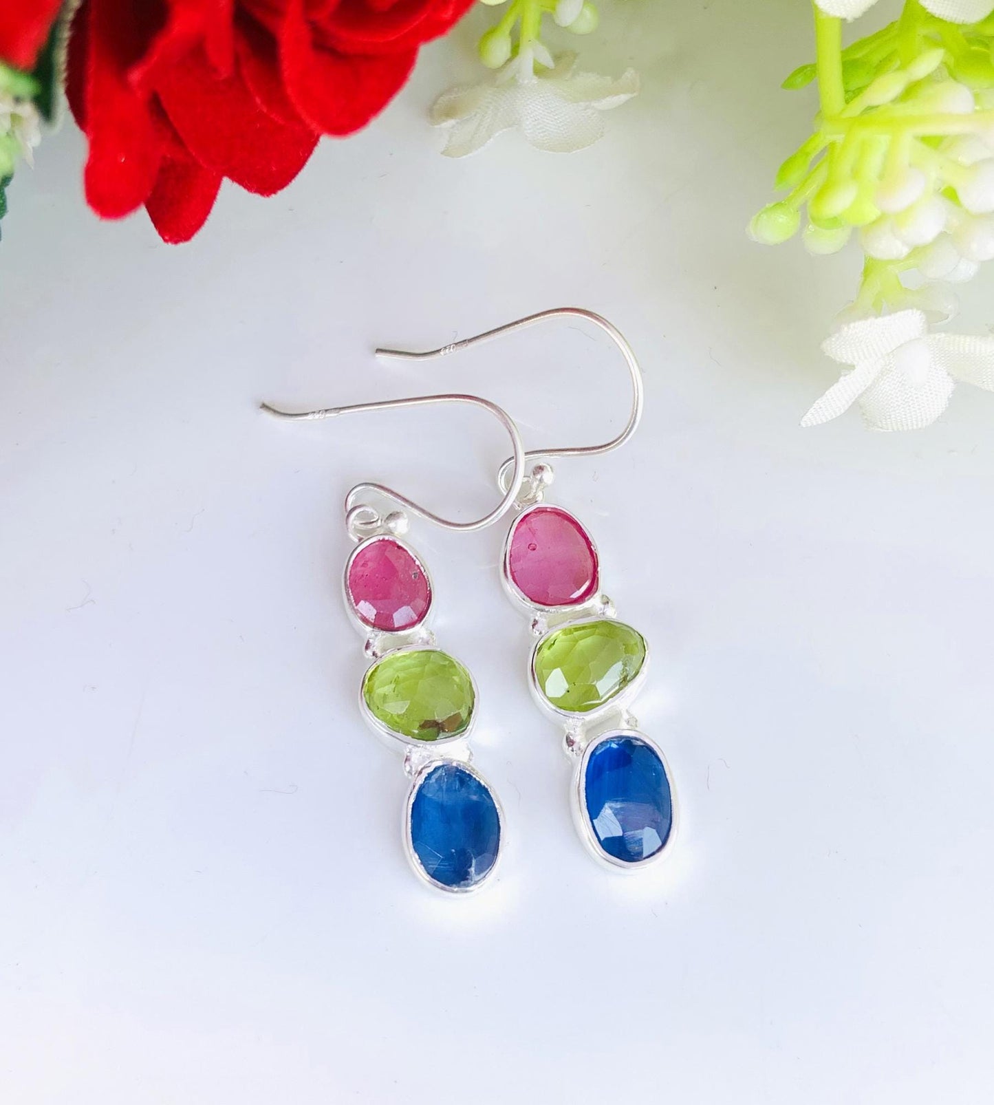 Rosecut Ruby, Peridot and kyanite combination silver Earrings ~ Birthstone Earrings ~ Birthday Gift For Her ~ Handmade Silver Jewelry ~ E-45
