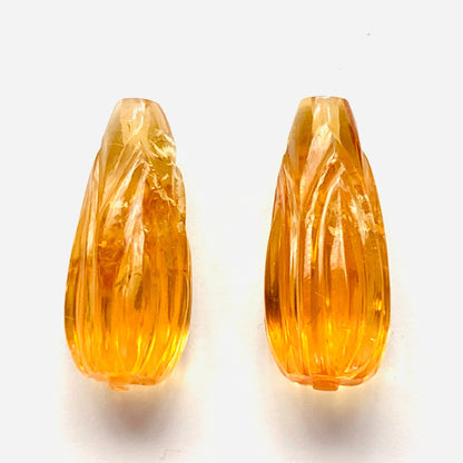 1 Pair Natural Citrine Hand Carved Drop Shape Briolette Beads, Handmade Matching Pair beads, Earring Making Gemstone Size - 20X8mm