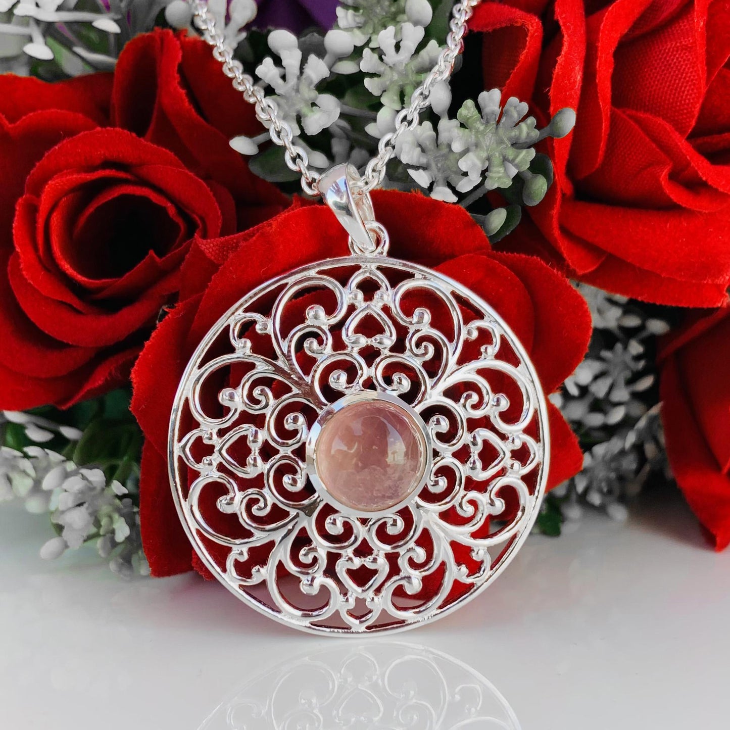 Ornate Pastel Pink Rose Quartz Filigree Silver Necklace