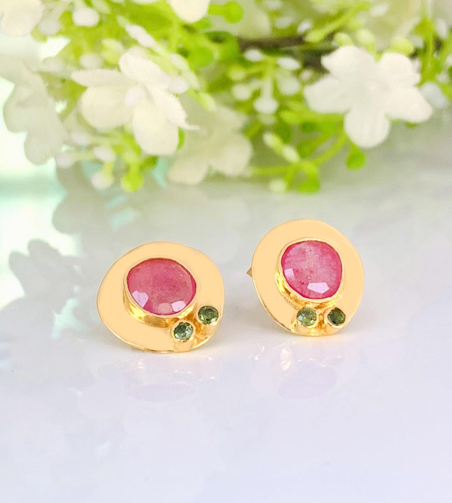 Rosecut Ruby Stud Earrings ~ Vermeil Gold and Silver Earrings ~ Ruby and Green Tourmaline ~ Dainty Stud Earrings ~ Handmade Jewelry ~ E-0048