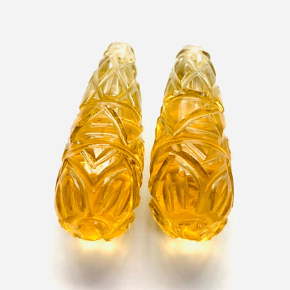 1 Pair Natural Citrine Hand Carved Drop Shape Briolette Beads, Handmade Matching Pair beads, Earring Making Gemstone Size - 26X9mm