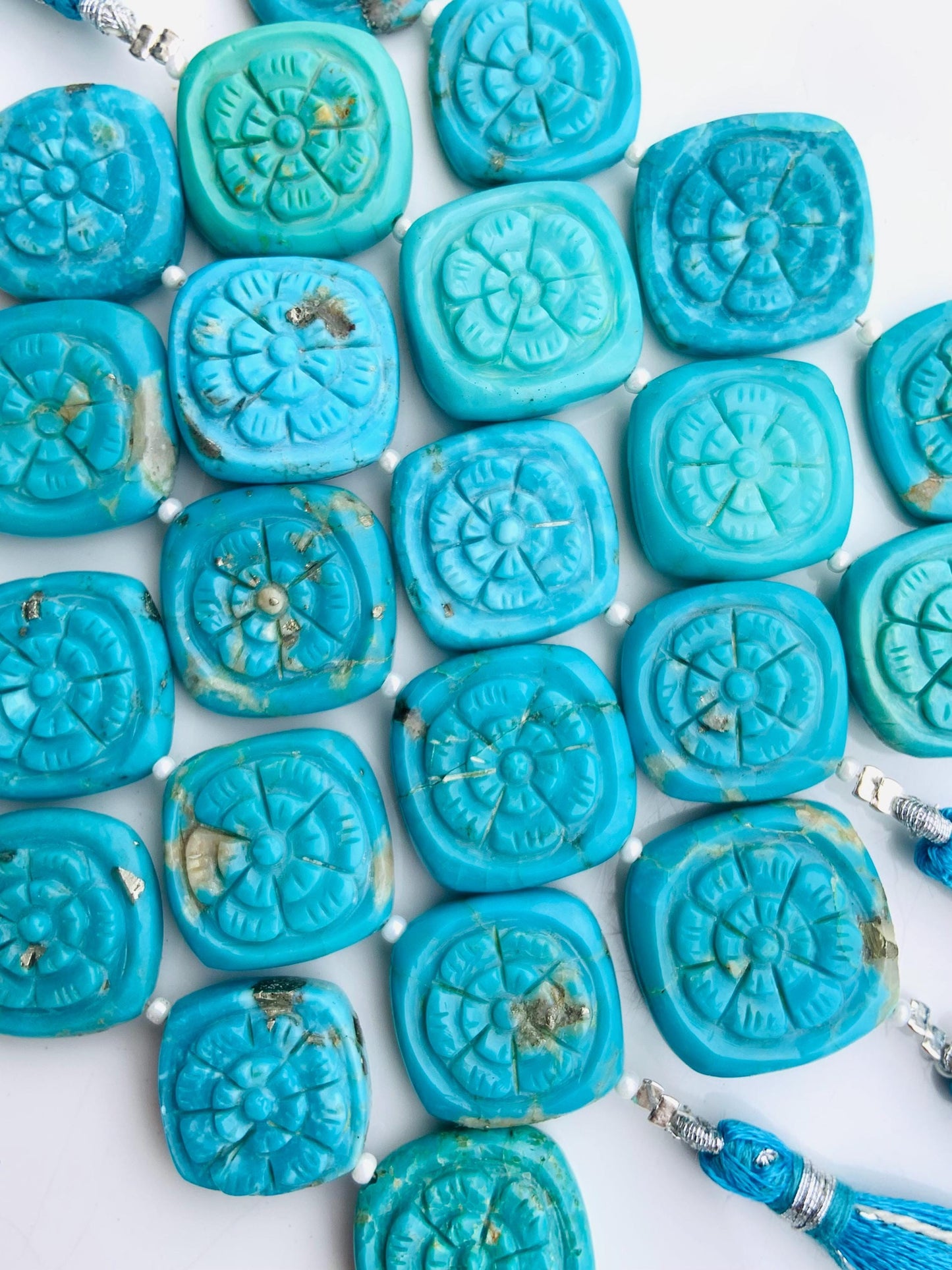 4 Pcs Natural Arizona Turquoise Carved Cushion Flower Briolette Beads 17x17mm