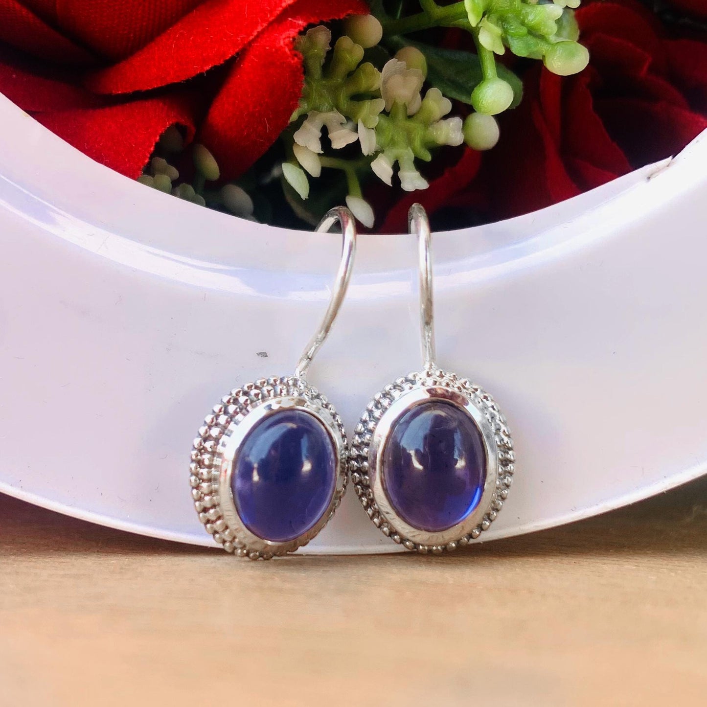 Natural Iolite Earrings ~ Boho Silver Earrings ~ Oval Shape Blue Stone ~ Cold Tone Earrings ~ Available in 18k Gold Finish ~ E-0024