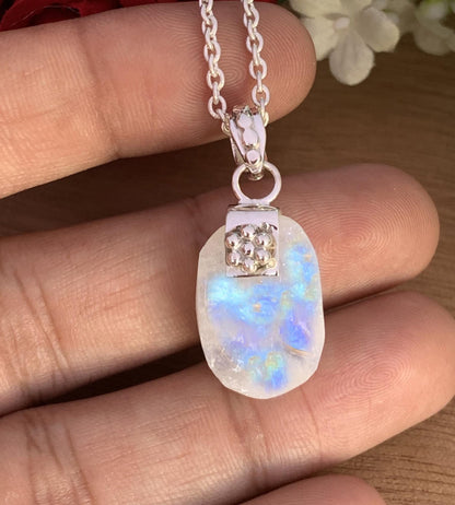 Rough Moonstone Pendant – Chunky Boho Silver Necklace
