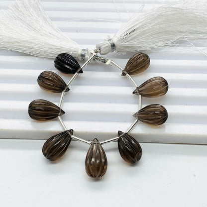 10 Pieces Natural Smoky Quartz Carved Drops Briolette Beads Size 14x8mm Natural Smoky Quartz Faceted Gemstone Tear drops for Jewelry making