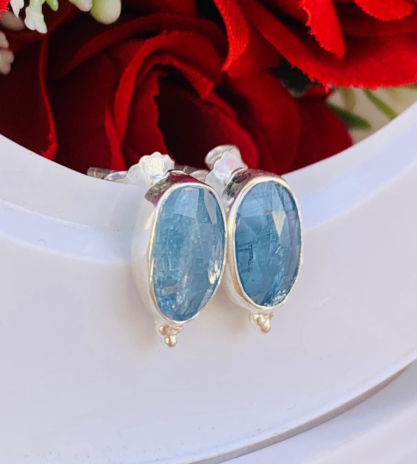 Kyanite Studs Earrings ~ Dainty Silver and Vermeil Gold Studs ~ Rosecut Birthstone Jewelry ~ Gift For Her ~ E-Anniversary Gift ~ E-0046