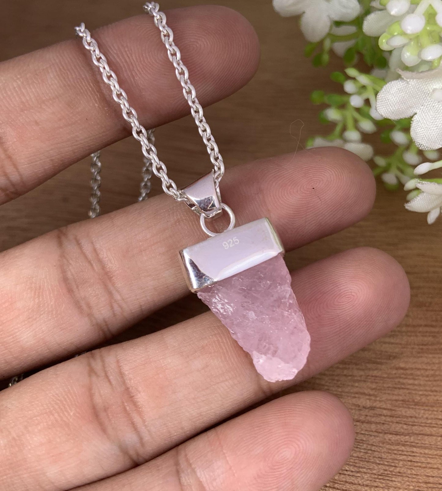 Rough Pink Morganite Necklace – Handmade Dainty Silver Jewelry