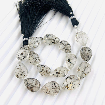 15 Pieces Natural Black Dot Quartz faceted Pear Drop Center Drill Briolette Gemstone, Pear Drop beads for Jewelry, 8 Inch Strand Size 9x12mm
